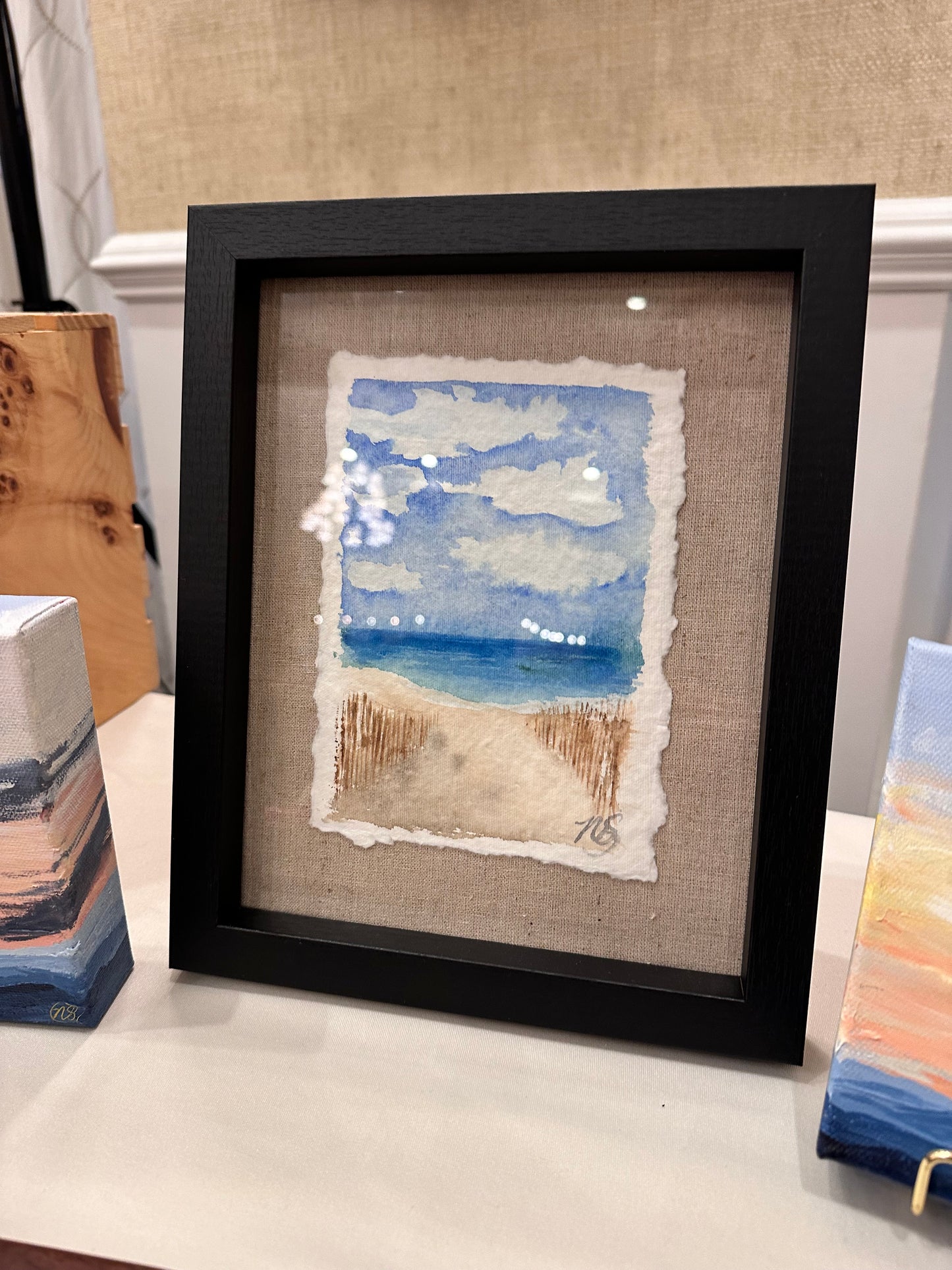 Original watercolor beach on linen