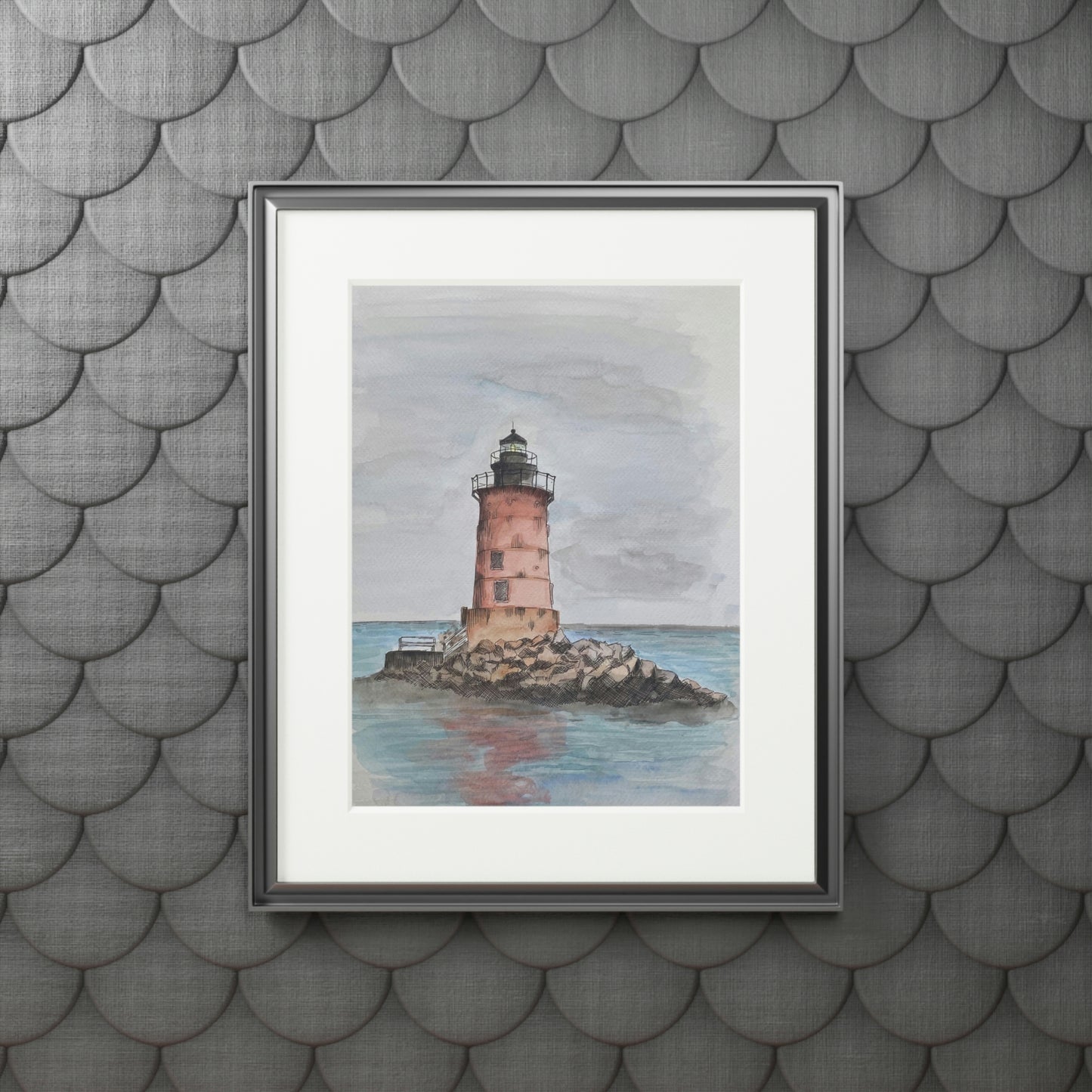 Breakwater Lighthouse Watercolor - Fine Art Print (with Passepartout Paper Frame)