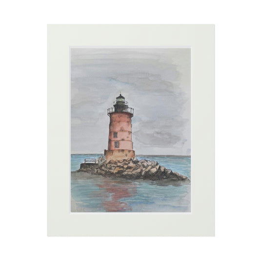 Breakwater Lighthouse Watercolor - Fine Art Print (with Passepartout Paper Frame)