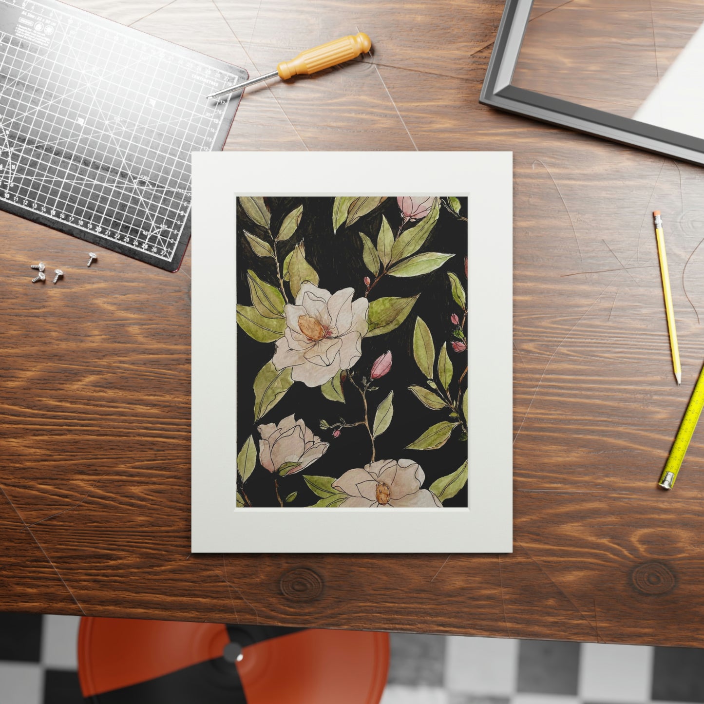 Elle's Magnolias Fine Art Print (with Passepartout Paper Frame)