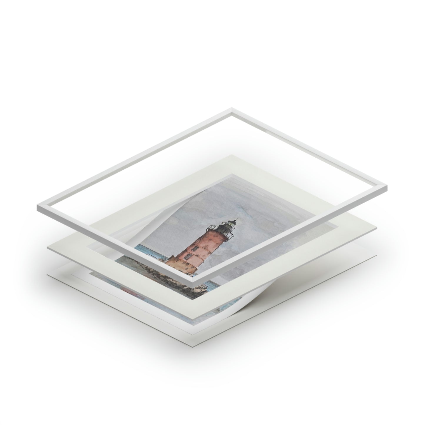 Breakwater Lighthouse Watercolor - Fine Art Print (with Passepartout Paper Frame)