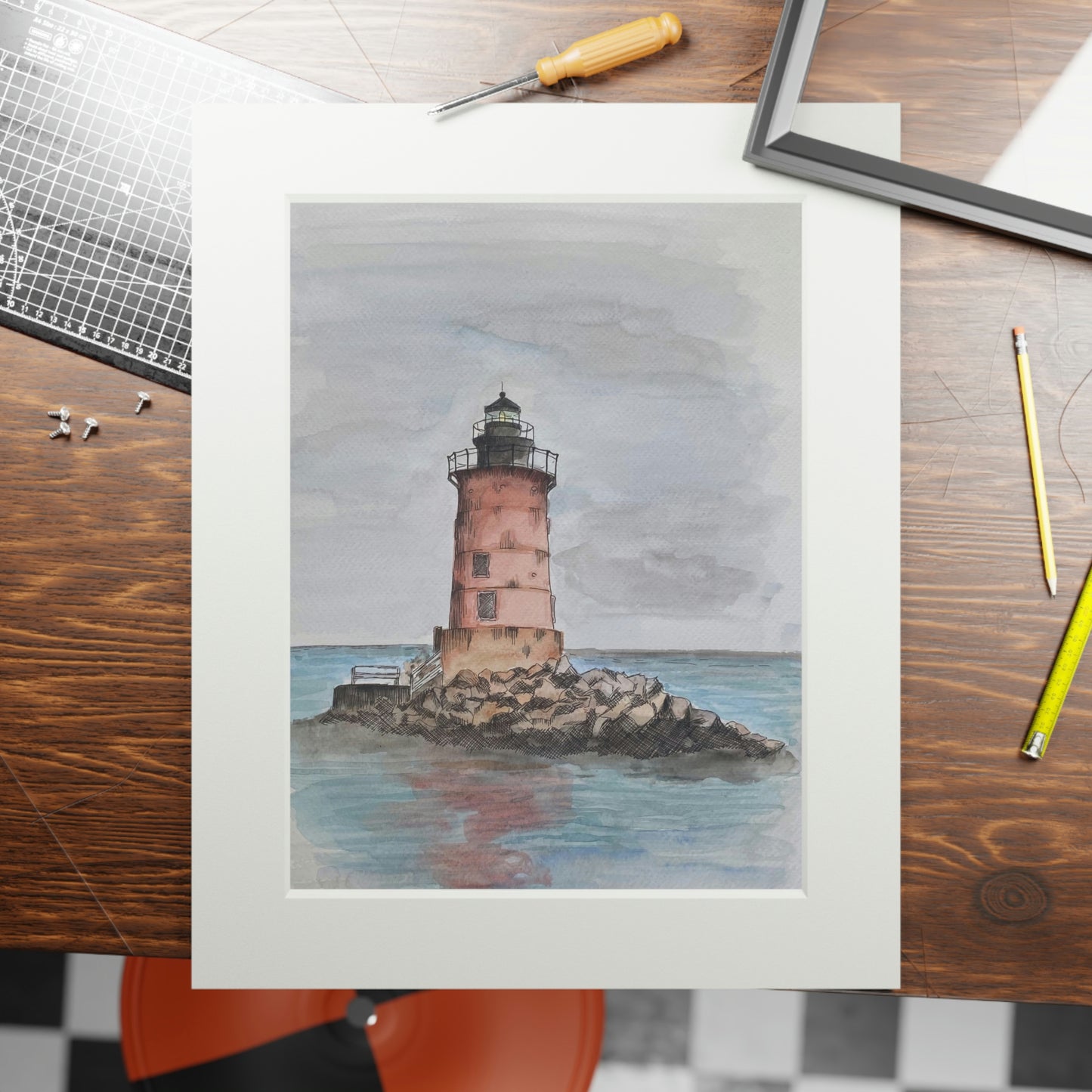 Breakwater Lighthouse Watercolor - Fine Art Print (with Passepartout Paper Frame)